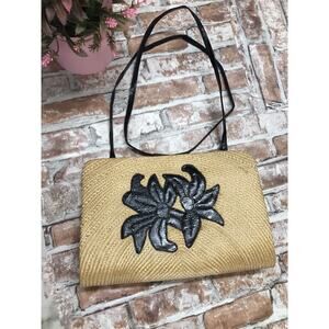 Rare Vintage Woven Straw Crossbody Clutch Bag Floral Embroidered Shoulder Purse